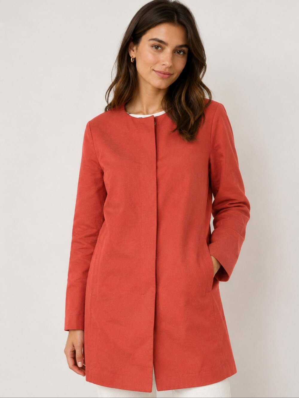 J. Crew Hidden Front Zip Long Collarless Orange Apricot Cotton Coat Jacket Sz 6